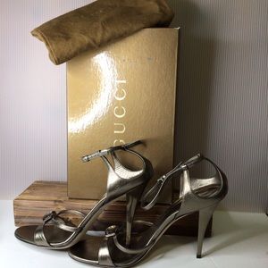 GUCCI AnkleStrap Stiletto Metallic Pewter Leather